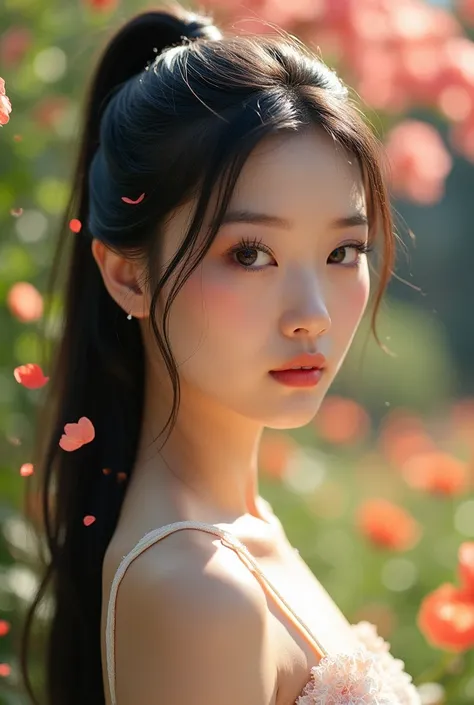 A beautiful sexy Asian girl, 18years old, with black hair pony tail, no bang, white skin, thick lips, tall nose, long eyelashes, and big bust.