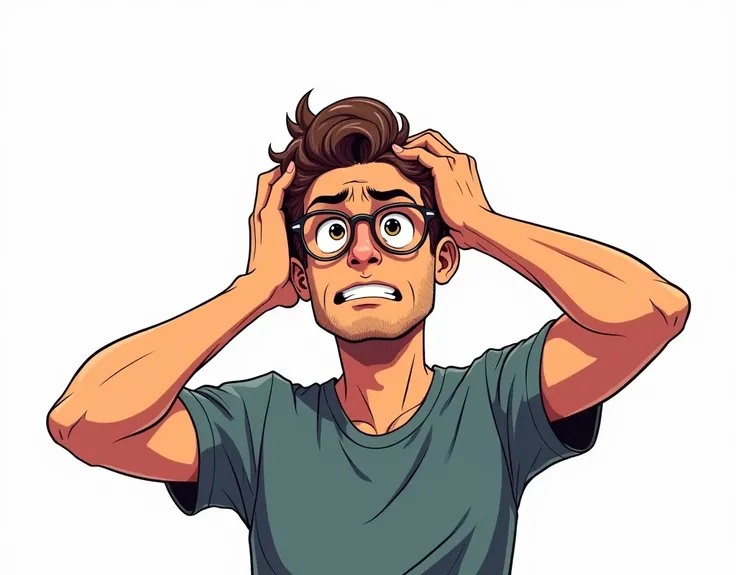 on a white background, place in the form of a drawing, fanart style, to a 32-year-old man, head on, grabbing his head in confusion, With glasses if you wear them but you will not carry additional items