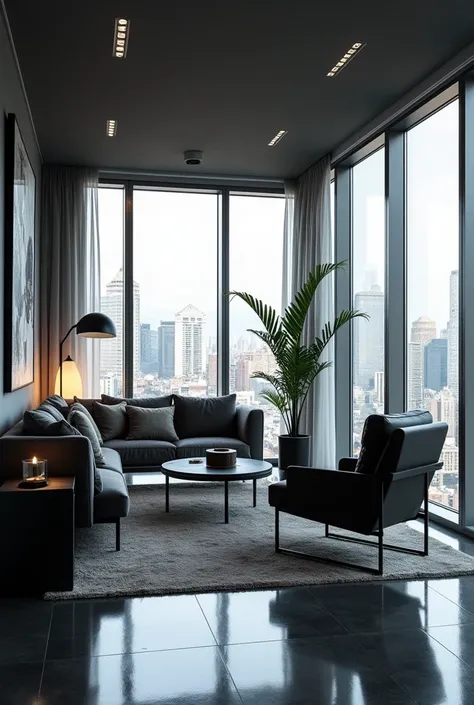 Chic room furniture with black and gray base windows add a brighter impression to the city spacious room