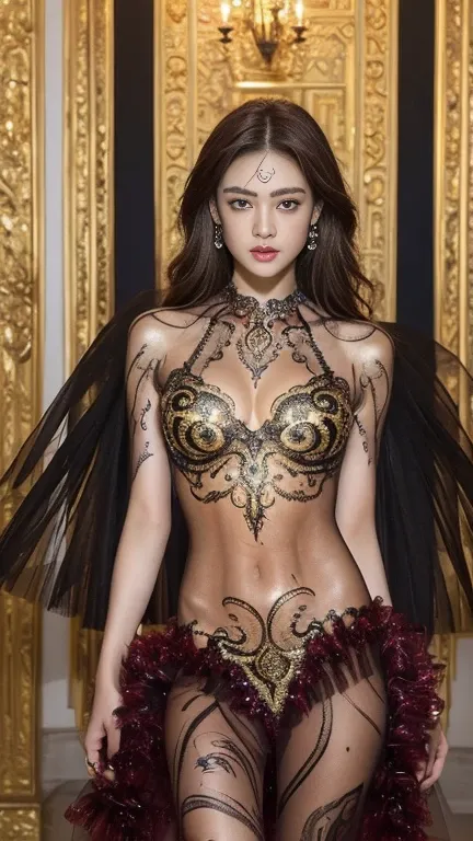 ((Realistic lighting, Highest quality, 8k, masterpiece: 1.3)), Clear focus: 1.2, 1 girl, Perfect Body Beauty: 1.4, Slim Abs: 1.1, ((Dark brown hair, Big Breasts: 1.3)), (Finished with body paint，Body Painting Costume, transparent_ Garnet Solo Mesh Tutu、Ver...