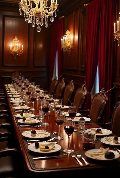 Large dining room that looks old and expensive, with dark aesthetics and has dark colored food