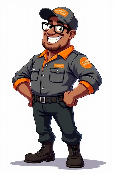 The image is a cartoon style illustration, com fundo branco. Nela, a fat brown man appears, wearing glasses. Ele veste uma camiseta de manga longa gray with orange details e um boné combinando, gray with orange details, where is it registered "Silverio Gut...