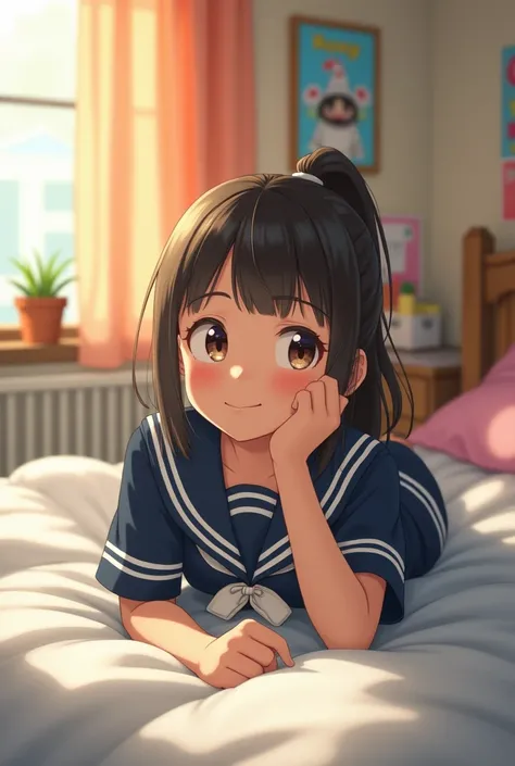 A junior high school student wearing a navy blue sailor uniform and loafers。
She has a baby face and a neat and clean look. Her hair is in a ponytail and she wears black tights.。
lying face down on the bed