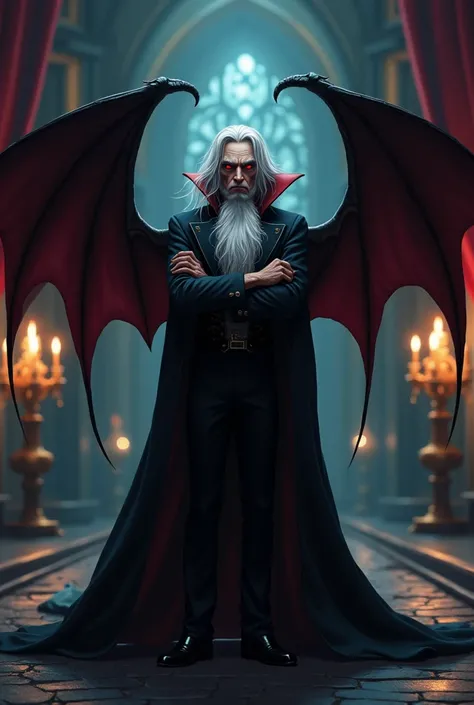 An old classy vampire with crossed arms and bat wings in anime style gros plan