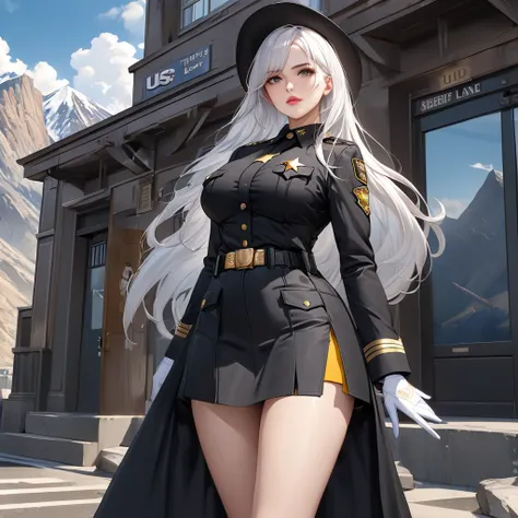 A woman wearing a black sheriff uniform, black coat, sheriff on the chest, large breasts, black skirt, black leather boots, black cowgirl hat with gold details, sunglasses, white hair, long hair, serious face, on the outside of an old Faroest police statio...