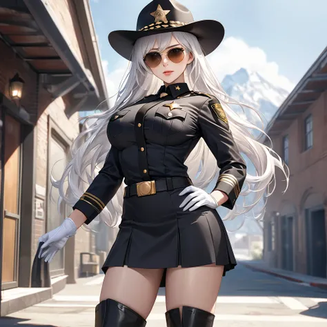 A woman wearing a black sheriff uniform, black coat, sheriff on the chest, large breasts, black skirt, black leather boots, black cowgirl hat with gold details, sunglasses, white hair, long hair, serious face, on the outside of an old Faroest police statio...