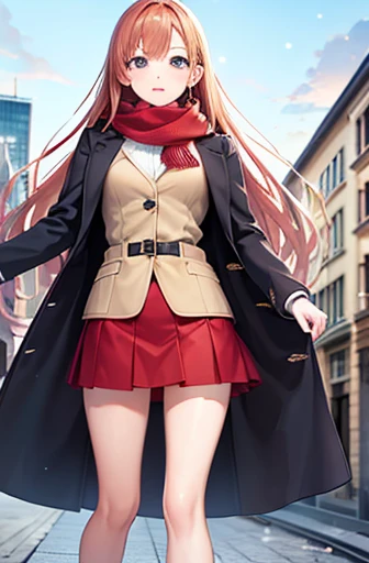 (Highest quality), (masterpiece), (Ultra-high resolution), whole body, One Woman , Strawberry Blonde, long, mini skirt, Duffle coat , Winter scarf, City, winter, ((It&#39;s snowing)), (illumination), ((night))