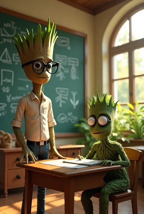 Mr Groot dressed as a realistic teacher with a serious face giving a lesson to a realistic 7-point Cannabis leaf with a face of someone who is high but paying attention ,sitting on a chair inside a classroom
