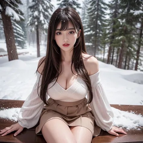 long skirt,skirt, (knee shot), 1 woman, On the face, light brown hair, blunt bangs, hair behind ears, Hair over the shoulders, long hair, Slender body type, Super thin face, face slimming, delicate lips, beautiful eyes, Thin blush, Eyes are light brown,Che...