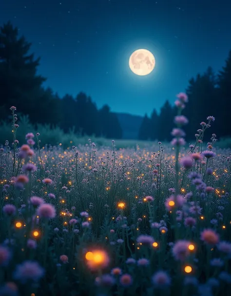 A vast, serene meadow at night, illuminated by a soft, ethereal moonlight. The field is filled with vibrant, wildflowers in full bloom, their colors muted under the night sky. Countless fireflies and glowworms dance among the flowers, their tiny lights cre...