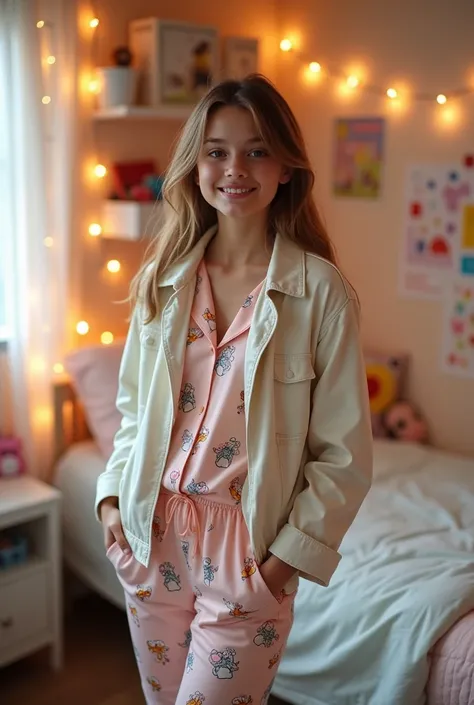 (realistic) a 19 years old girl wearing pajamas characters print and jacket (full body)