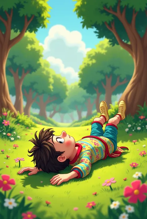 Long view at a diagonal angle of a full body of a male character lying on the ground in a cartoon style 