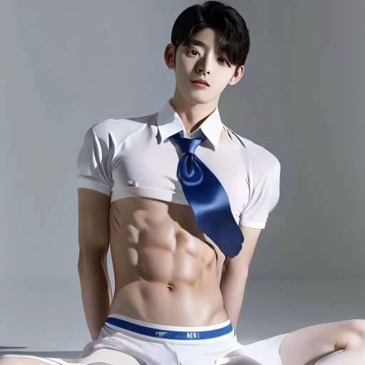 Korean handsome male idol,, penis visible,Necktie Uniform, White crop top, A handsome man,narrow space, Legs spread apart, Sound mating, pregnant woman, Adonis, Skinny body type, skinny body type