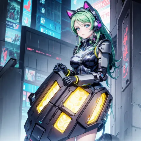 dressed in futuristic clothing、anime girl wearing cat ears and headphones, cute robot girl, digital cyberpunk anime art, cyberpu...