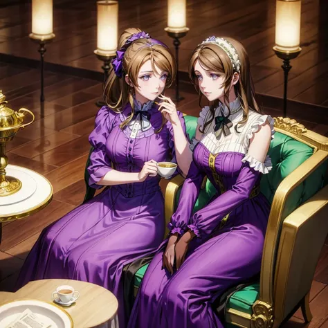 brown hair woman, violet eyes, purple dress, victorian style dress, royal family, noble, drinking tea with a woman