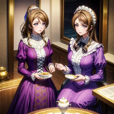 brown hair woman, violet eyes, purple dress, victorian style dress, royal family, noble, drinking tea with a woman