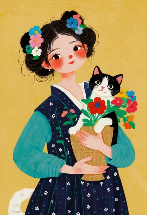 Cat wearing a skirt，Painting of holding flowers in paws, author：Reiko Ikemura, author：Tatsujima Yuko, author：Annabel Kidston, inspired author：Annabel Kidston, author：Fuyuko Matsui, inspired by Louis Wain, Hojo Tokimasa, By Maki Shira, Jihei Sugimura