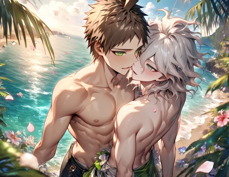 Ultra detailed, HDR, Highres, absurdres, master piece, Hinata Hajime, brown hair, expressive green eyes, without shirt, bare chest, toned chest, Komaeda Nagito, white hair, expressive light gray-green eyes, Danganropa, two sexy man together, handsome, flow...