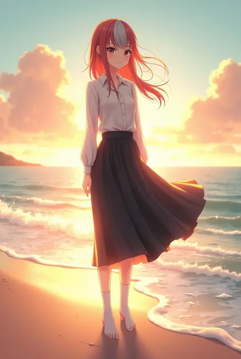 ((masterpiece)), ((best quality)), ((mackerel)), ((Highly detailed CG Unity 8k wallpaper)), alone, Tachibana Kanade, russet , black skirt, white socks, outdoors, face, Curtain hair, Beach, split hair, silver hair