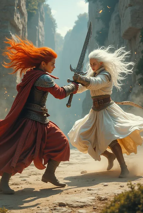 Make me a red hair 16 yera old person fighting a person with white hair and   and they fughtibg with swords and clash
