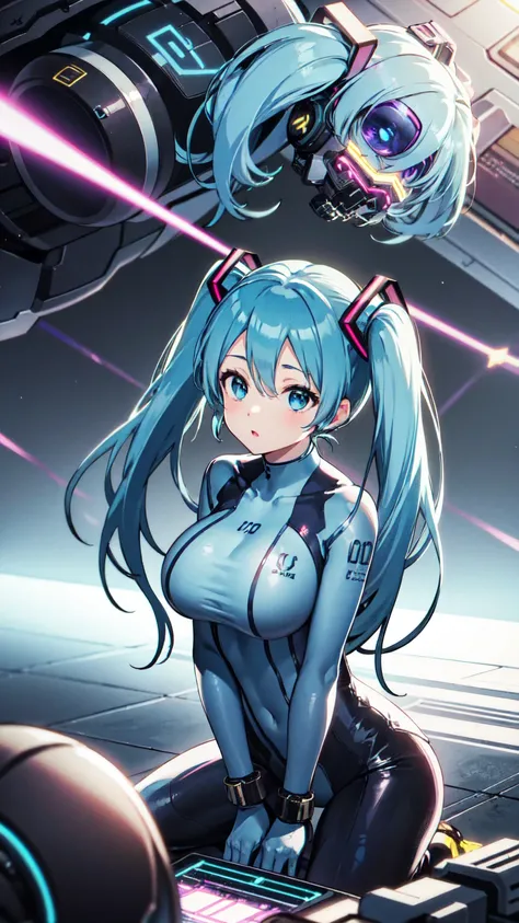 Hatsune Miku Vocaloid, Twin tails, Bright Blue Eyes, Light blue hair, Pichi Pichi body suit, cyber punk, Ultimate Physical Beauty, Beautiful Eyes, ((Big Breasts)), masterpiece, 8k CG, Highest quality, Best image quality