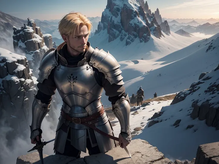 adult man, blond, stark, knight, fully body, lightweight armour, medieval fantasy, looking forward holding a long sword with both hands, at the top of a mountain, heroic pose demonstrating hope, ready for battle, high resolution, 4k resolution,