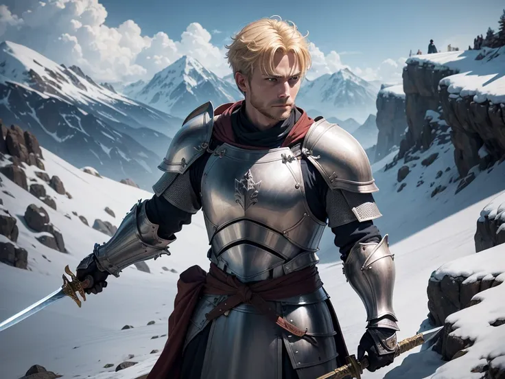 adult man, blond, stark, knight, fully body, lightweight armour, medieval fantasy, looking forward holding a long sword with both hands, at the top of a mountain, heroic pose demonstrating hope, ready for battle, high resolution, 4k resolution,