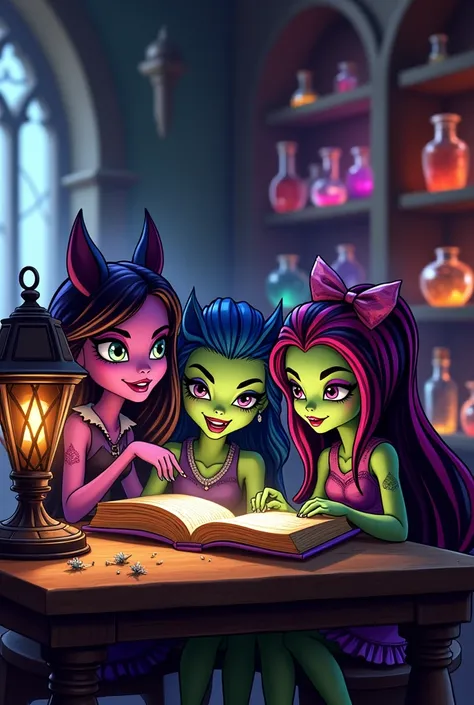 Give me a picture of Monster High where you can see them up close and they are reading a story..