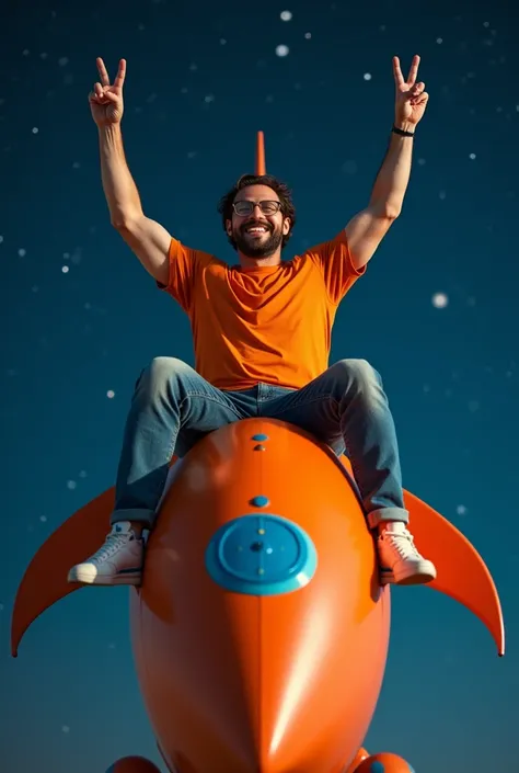 create a man with an orange shirt sitting on top of an orange space rocket with blue, making victory sign with fingers. 