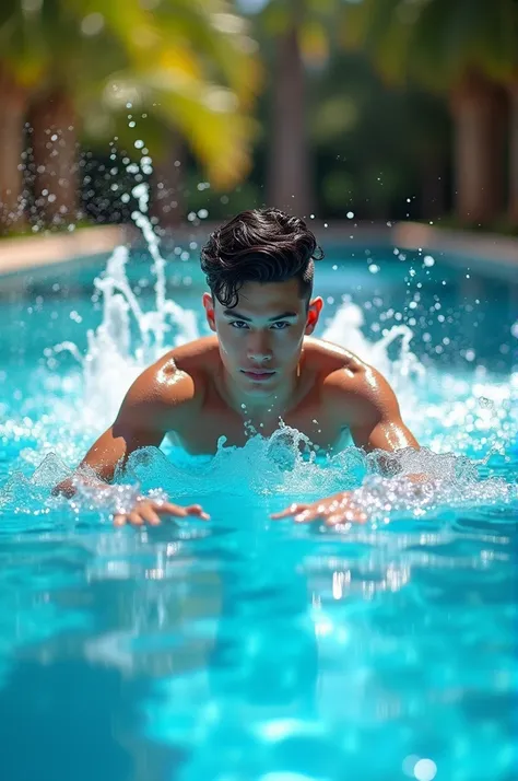 good looking　male　Black Hair　Mushroom cut　swimming