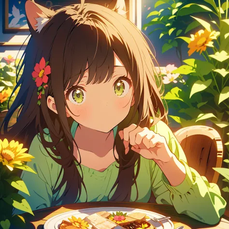 kawaii, anime, Cute, hyper quality, highly detailed, 8k, Clarity, Draw facial expressions in detail, Girl with long dark brown hair and green eyes, surrounded by flowers, flowers, bright sky, coffee on the table, claw pose, 	