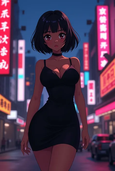 An anime character: Black woman with a fat body and dark eyes. Her short, black hair. She wears a short black dress.