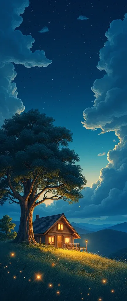 masterpiece!!!! 8k an anime GHIBLI STYLE cabin!!!!! The image shows a serene night scene of a house under a tree, hills, golden clouds, anime lighting, 8k fireflies, grass, night, golden leaves, anime style ghibli, under tree, boil a night sky, clouds anim...