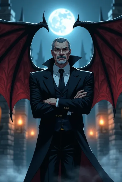 A middle aged old classy vampire with crossed arms and bat wings in anime style with a mustache and unshaved beard