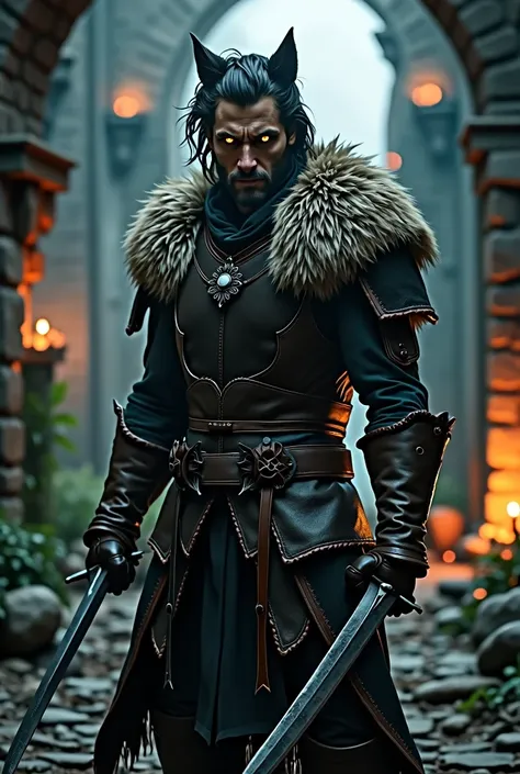 you could create a man with a bestial appearance from medieval times with a wolf appearance with two completely black daggers
