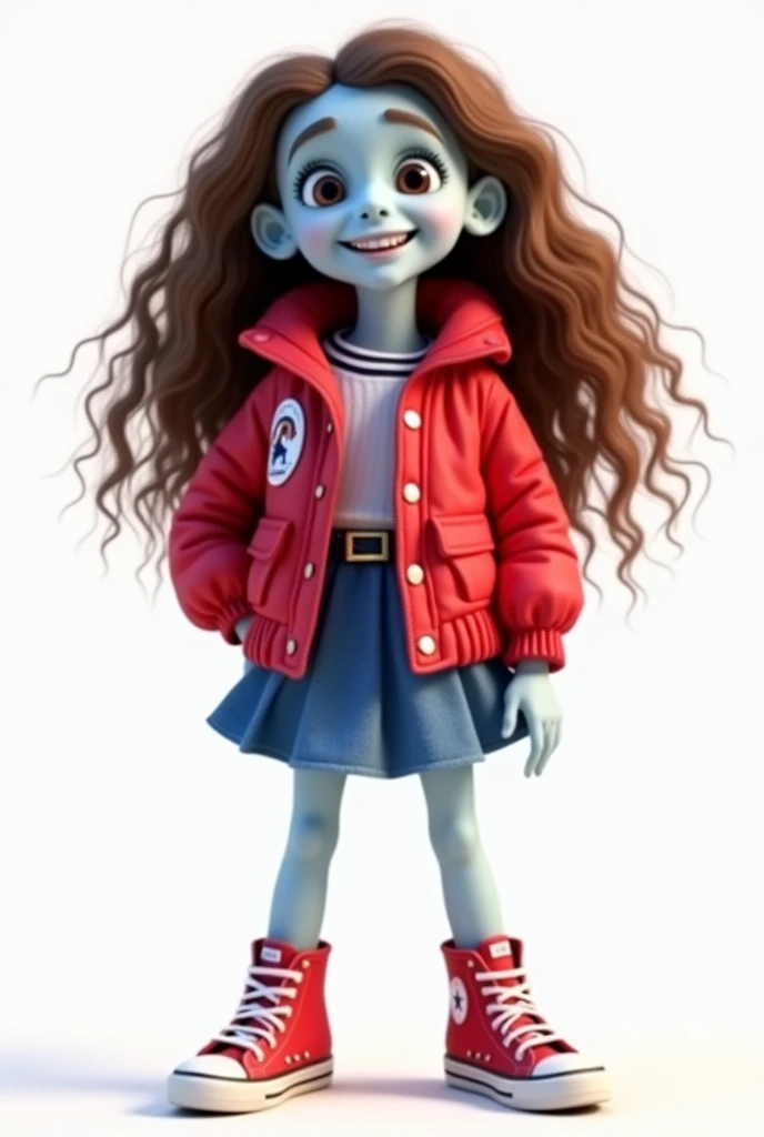 Funnily character, disney pixar style,3d,very small, with long curly brown hair, pleated denim skirt heat, red al star sneakers, red american football style jacket, with happy face, light blue skin, white background 8k quality