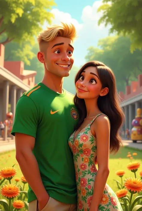 couple, He&#39;s tall, blond, 38 years old, very short blond hair, clear eyes, green Palmeiras shirt, she dark brunette straight black hair shoulder length, brown eyes small earrings, and dress with flowers in Disney Pixar style