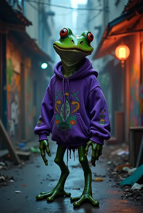 A human frog, zombie in a stylish purple sweatshirt