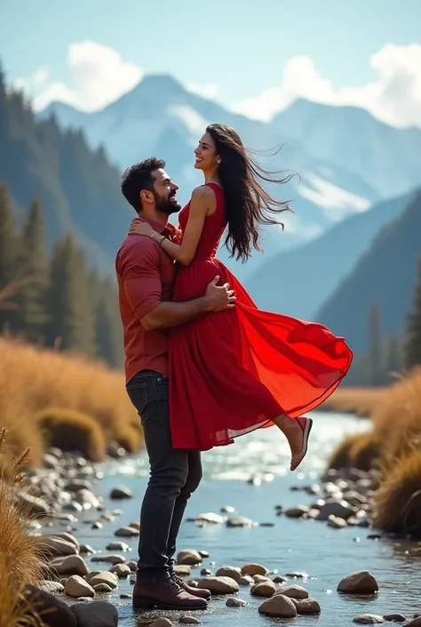 Generate a cute  with black long hair wearing a punjabi style in red smiling while a man with a strong body lifting the girl body up to the air and smiling, a beautiful snowy mountain and the flowy river with small stones at the river bank as the backgroun...