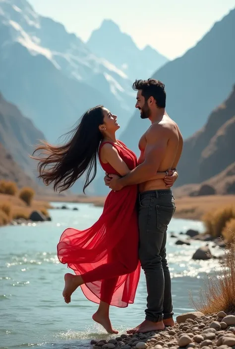 Generate a cute  with black long hair wearing a punjabi style in red smiling while a man with a strong body lifting the girl body up to the air and smiling, a beautiful snowy mountain and the flowy river with small stones at the river bank as the backgroun...