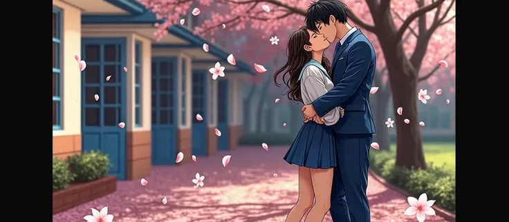 Just the same like in the image but with them kissing and the same school uniform color in the boys uniform and with him holding her 