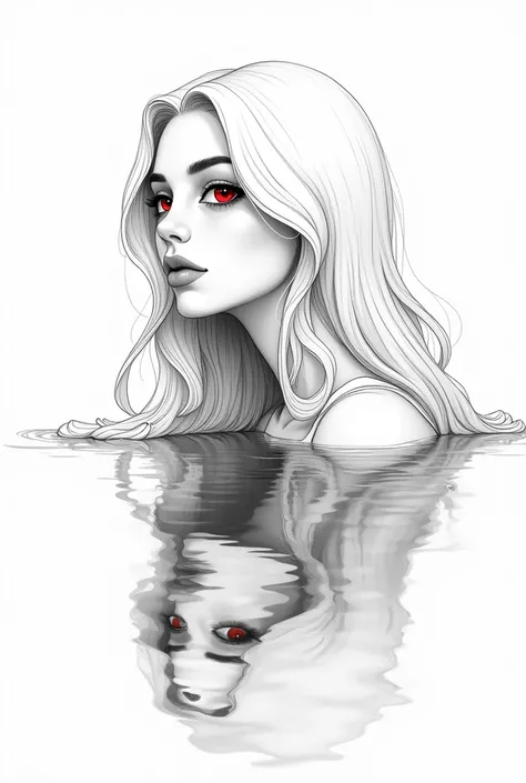 Jacques prevert black and white illustration art, illustration of a beautiful girl, an teen body, beautiful face, thin lips, a white very long hair, ruby eyes, melancholy, perspective - the reflection of a face in the water, line draw, white simple backgro...