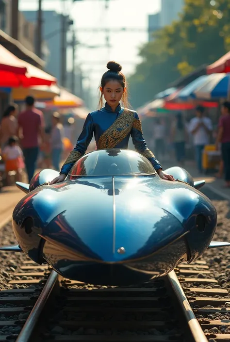 Dark Blue spaceship robot in the shape of a mackerel machine with a glass cockpit. Thai female soldier wearing a Thai dress sexy, white as a pilot. Background in the maeklong railway market, umbrellas, dynamic perspective, creative angle.