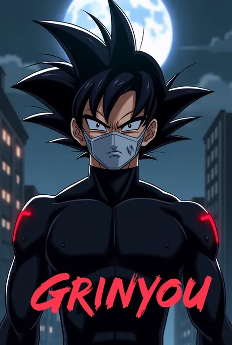 Goku black with a white anbu mask with some small red stripes that cover his entire face but you can see his hair and only his head and you write a logo with this name Grinyou. The mask has to cover his entire face Anime
