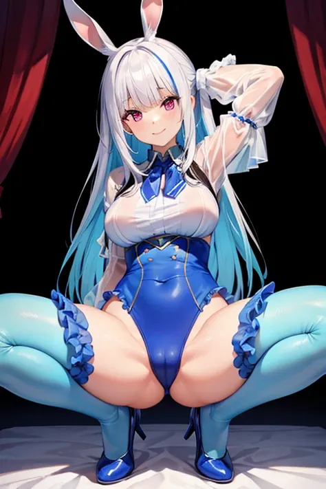 Highest quality, A seductive smile, squat,Spread your legs,race,Frills,See-through clothes,Bunny girl,Blue tights,Big Breasts,Hands behind head