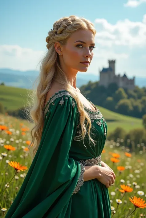 A blonde medieval age woman looking to the side full body 