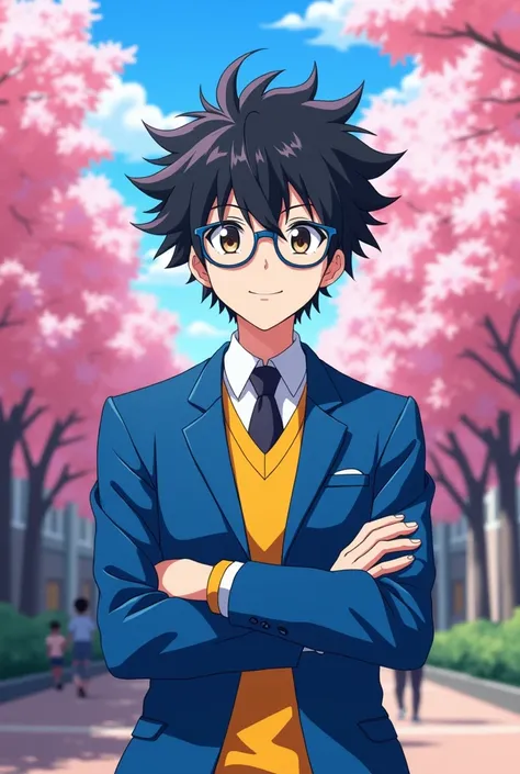 White skinned male man, Bblack hair, glasses, and blue and yellow school uniforms, in anime style.

