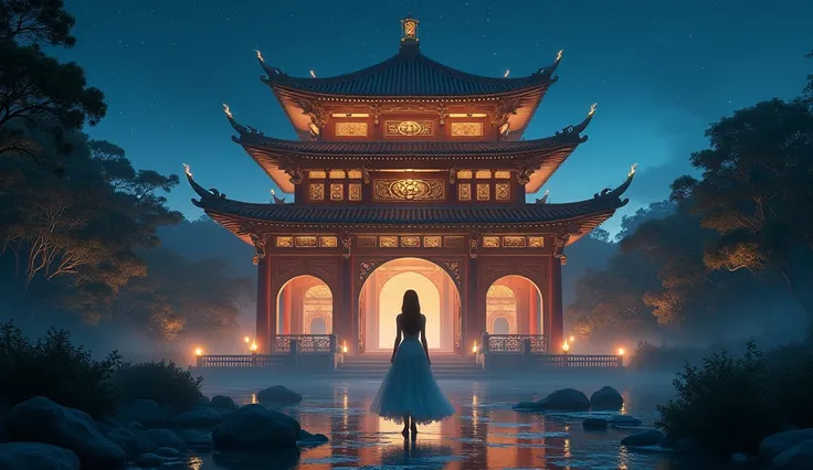 Chinese KING pavilion, at night scene , horizontal, one female walking in to, 
blur effect, look grand, nice scene  

