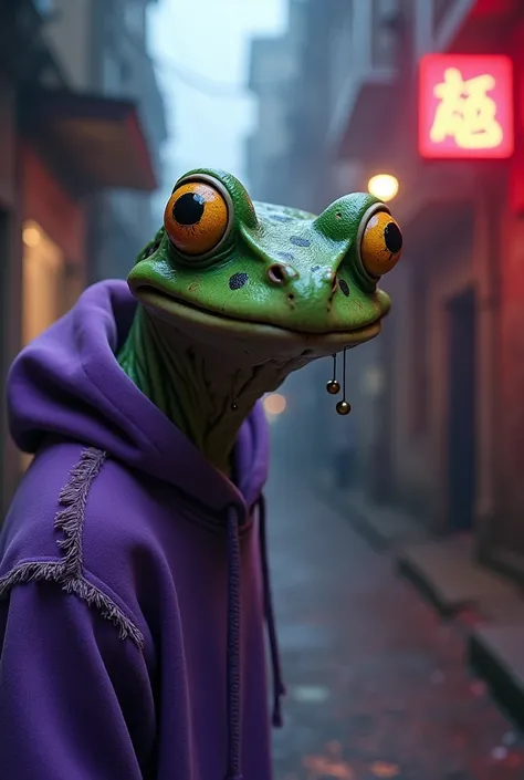 A human frog, zombie in a stylish purple sweatshirt near the camera