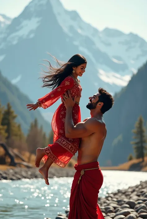 Generate a cute  with black long hair wearing an intricate punjabi style in red smiling while a man with a strong body lifting the girl body up to the air and smiling, a beautiful snowy mountain and the flowy river with small stones at the river bank as th...